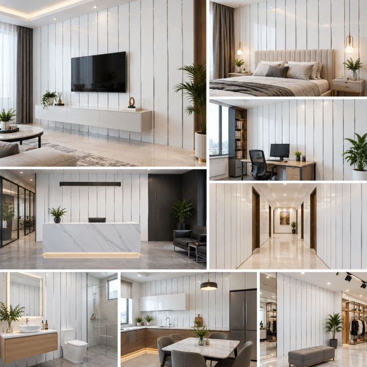 دیوار پوش PVC سفید براق شیار نقره ای